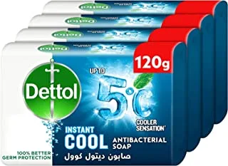 Dettol Cool Anti-Bacterial Bathing Soap Bar for effective Germ Protection & Personal Hygiene, Protects against 100 illness causing germs, Mint & Bergamot Fragrance, 120g, Pack of 4