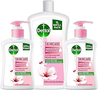 Dettol Skincare Handwash Liquid Soap Pump, Rose & Sakura Blossom Fragrance, 200Ml Twin Pack + 1L Liquid Hand Wash Refill Pack