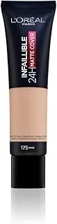 L’Oréal Paris Infaillible 32H Matte Cover Foundation with 4% Niacinamide, Full Matte Coverage, Long Lasting, Transfer proof with Oil Control & SPF 25 - Shade 175, Sand, 30 ml