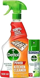 Dettol Orange Healthy Kitchen Power Cleaner Spray 500Ml + Dettol Morning Dew Antibacterial All In One Disinfectant Spray Mini Kills 99.9% Of Bacteria & VirUSes 170Ml, White