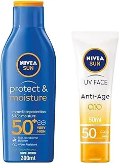 NIVEA SUN bundle: Protect & Radiance Face Cream, UV Protection, SPF 50+, Tube 50ml + Protect & Moisture Lotion, UV Protection, SPF 50+, 200ml