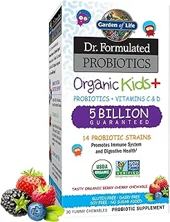 Garden of Life Dr. Formulated Probiotics Organic Kids+ Plus Vitamin C & D - Berry Cherry - Gluten, Dairy & Soy Free Immune & Digestive Health Supplement, No Added Sugar, 30 Chewables (Ships Cold)