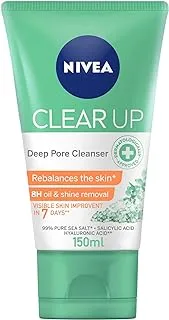 NIVEA Face Wash Deep Pore Cleanser, Clear Up, Visible Skin Improvement, Sea Salt, Salicylic & Hyaluronic Acid, 150ml