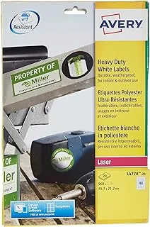 Avery L4778-20 (45.7 X 21.2Mm) Extra-Strong Adhesive Heavy Duty Weatherproof Labels, 48 Labels Per A4 Sheet, White