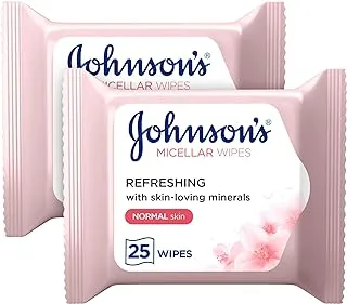 Johnson & Johnson Micellar Wipes Refreshing with Skin-Loving Minerals, Pack of 2x25 Wipes, Suitable_for Normal Skin Types, Gentle Makeup Remover Wipes, Hydrates and Cleanses, Safe_for Sensitive Eyes