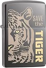 Zippo Classic Lighter 150 Mp402957 Save The Tiger مع تصميم مجردة بنصف وجه ليزر ثنائي اللون | يندبروف | معدن الكروم عالي التلميع | الجليد الأسود