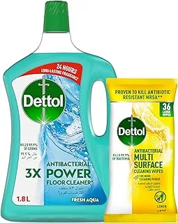 Dettol Aqua Antibacterial Power Floor Cleaner 1.8L + Dettol Lemon Antibacterial Multi Surface Cleaning Wipes, Pack Of 36, Large Wipes