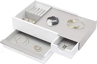 Umbra Stowit Jewelry Box-Modern Keepsake Storage Organizer With Hidden Compartment Drawers For Ring, Bracelet, Watch, Necklace, Earrings, And Accessories (White/Nickel)