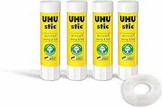 UHU Glue Stick Solvent Free 8.2gm 4pcs + 12mm Stationery Tape