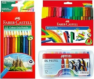 Faber-Castell Connector Color Pen 20Colours + Grip Color Pencil 12Colours +Oil Pastel 12Colours, Draw and sketch with this amazing set