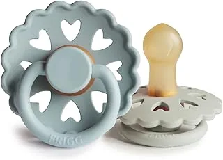 FRIGG Fairytale Latex Baby Pacifier 0-6 Months | 2 Pack Soother | Round Natural Rubber Nipple with Heart Shaped Air Holes | Made In Denmark — Stone Blue/Willow Grey