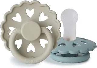 FRIGG Fairytale Silicone Baby Pacifier 6-18 Months | 2 Pack Soother | Round Latex-Free Nipple with Heart Shaped Air Holes | Made In Denmark — Stone Blue/Willow Grey