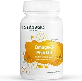 Ambrosial Omega 3 Fish Oil supplement 1000mg with 180mg EPA & 120mg DHA | Premium Fatty Acids| Supports Heart, Brain & Eye Health 1000mg per Tablet (Pack of 1-60 Softgel)