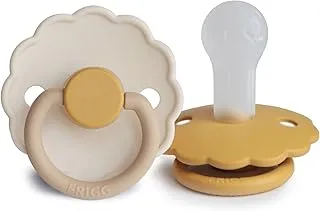 FRIGG Daisy Silicone Baby Pacifier 6-18 Months | Soothing Comfort Pacifiers with Click-Lock System | 2 Pack Soothers | BPA-Free New Born Baby Items — Chamomile/Honey Gold