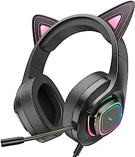 Hoco W107 - Cute Cat Luminous Cat Ear Gaming Headphones, USB Plug: 3.5, Cable Length: 2M, With Omni-Directional Microphone, Compatible With Laptops And Desktops - Phantom Cat