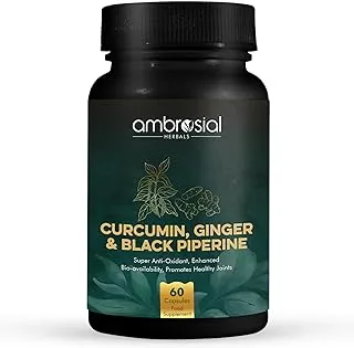 Ambrosial Curcumin with Piperine (Black Pepper) & Ginger | Turmeric supplement with 95% Curcuminoids for Joint Support | Highly Bioavailable & premium Antioxidant | 60 Vegan Capsules