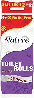 Nature Flushable Toilet Paper Roll, 2PLY, 375 Sheets, (8+2 Rolls)