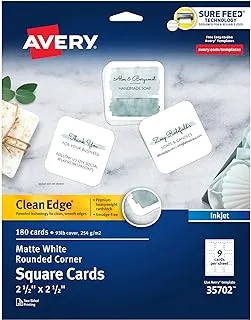 بطاقات مربعة قابلة للطباعة من Avery Clean Edge مزودة بتقنية التغذية المؤكدة ، زوايا دائرية ، 2.5 بوصة × 2.5 بوصة ، أبيض ، 180 بطاقة فارغة لطابعات نفث الحبر (35702)