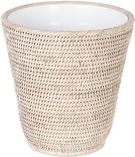 KOUBOO La Jolla Rattan Wastebasket with Plastic Insert, Handmade, Trash Can, Small Wastebasket, Bedroom, Bathroom, Vanity, RV, Dorm, White Wash