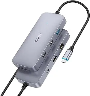 Hoco HB32 - Season ، محول متعدد الوظائف ، 8 في 1 ، USB-C إلى HDTV + PD + USB3.0 + USB2.0 * 2 + SD + TF + RJ45 ، 4K 30 هرتز ، 100 واط شحن ، متوافق مع Windows و Mac OS - ميتال جراي