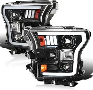 SPEC-D TUNING LED Light Bar Black Housing Clear Lens Projector Headlights Compatible with 2015-2017 Ford F150, Left + Right Pair Headlamps Assembly