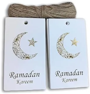 REDDOTGIFT Ramadan Kareem Gift Tags,100 PCS Gold Foil Paper Gift Tags with 10m Natural Jute Twine for Art Craft (White (English))