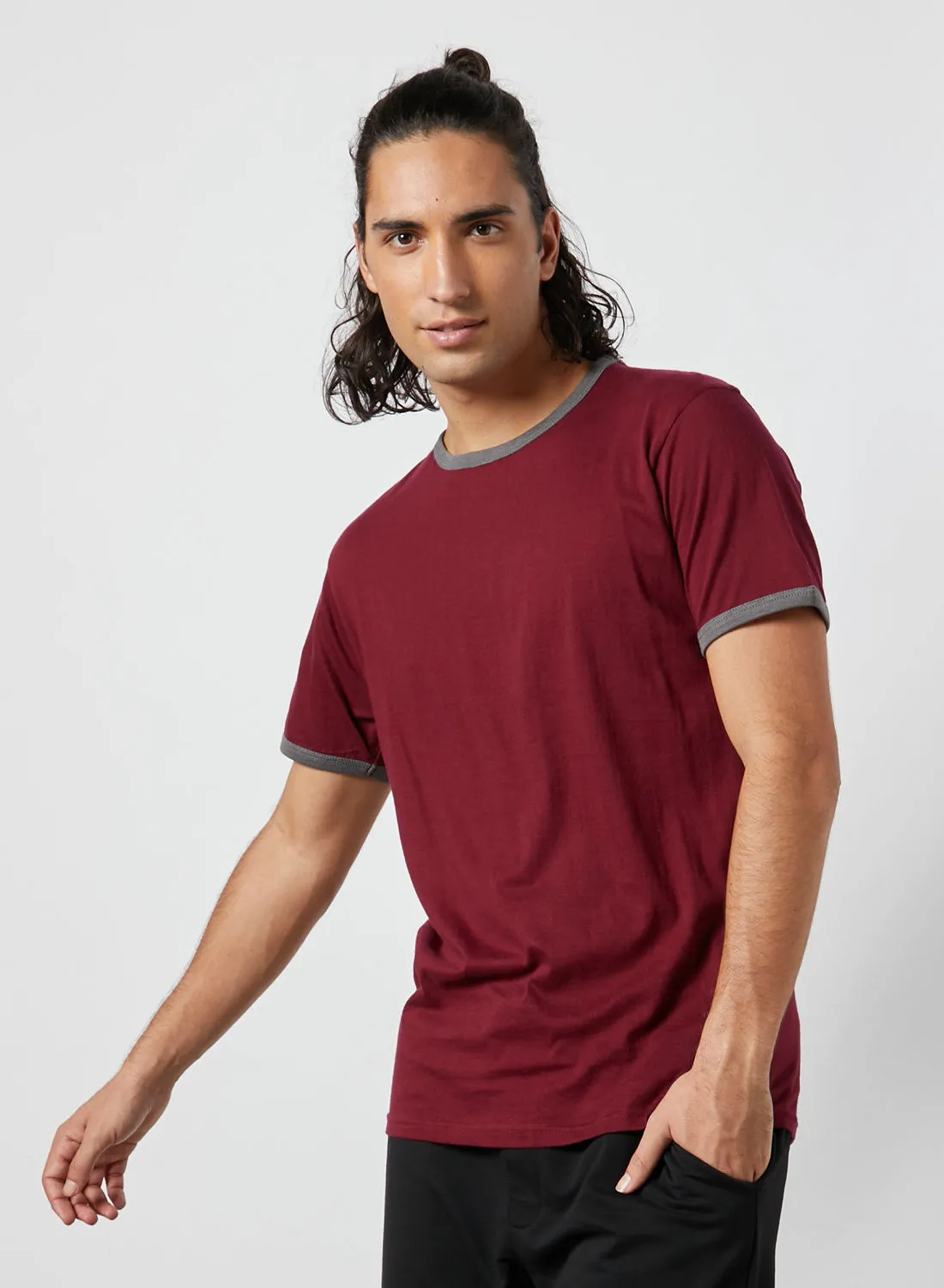 BRAVE SOUL Contrast Edge Crew Neck T-Shirt Wine