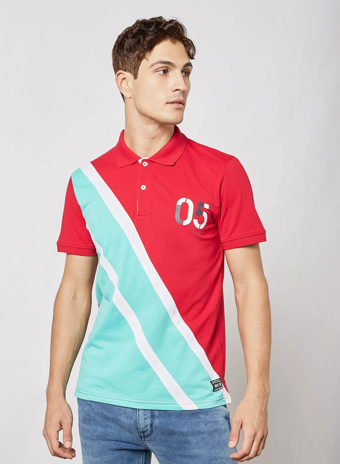 ABOF Colourblock Pattern Casual Slim Fit Polo Blue/Red