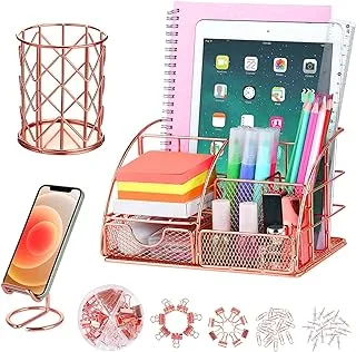 JUOPIEA Desk Organizers and Accessories Office Supplies Organizer with Pen Holder, 72 Clips Set and Phone Stand, Metal Mesh Desktop Organizers with Drawer for Home, Office, School Ect (Rose Gold)