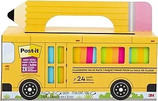 Post-it Super Sticky Notes Value Pack, 24 Pads, Convenient School Bus Carry and Storage Case, 2X The Sticking Power, 3x3 in, Bright Colors (Orange, Pink, Blue, Green, Yellow), Recyclable (654-24SSBUS)