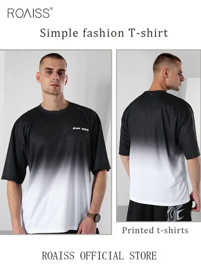 roaiss Men's T-Shirt Gradient Color Short Sleeves T-Shirt Plus Size Round Neck Athleisure Ice Silk Quick Drying Tee Teens Boys Casual Sports Summer Clothing Black/White