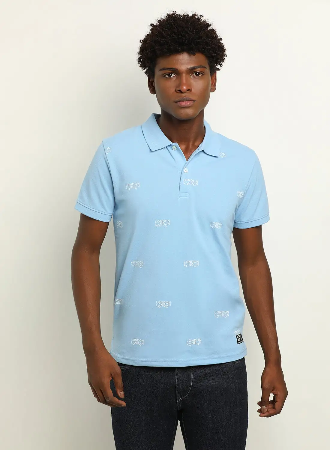 ABOF Printed Slim Fit Collared Neck Polo Sky Blue