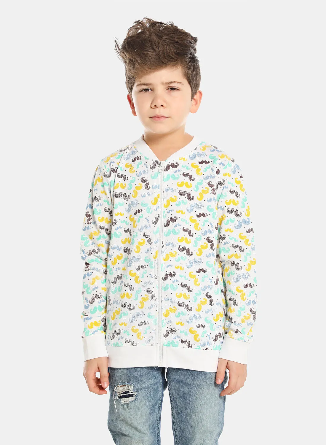 QUWA Boys Moustache Print Bomber Jacket White