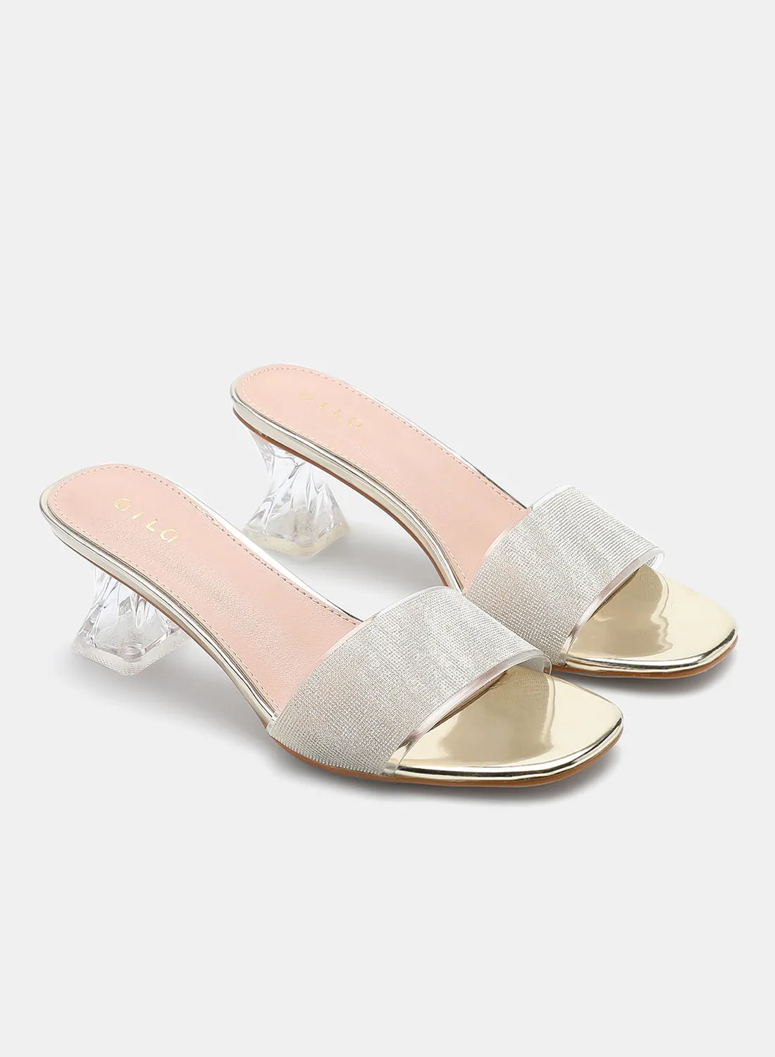 Aila Broad Strap Slip-On Heeled Sandals Gold