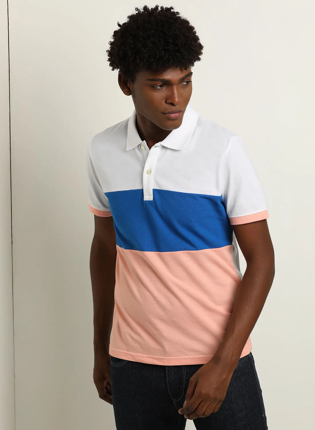 ABOF Colourblocked Slim Fit Collared Neck Polo Pink/Blue/White