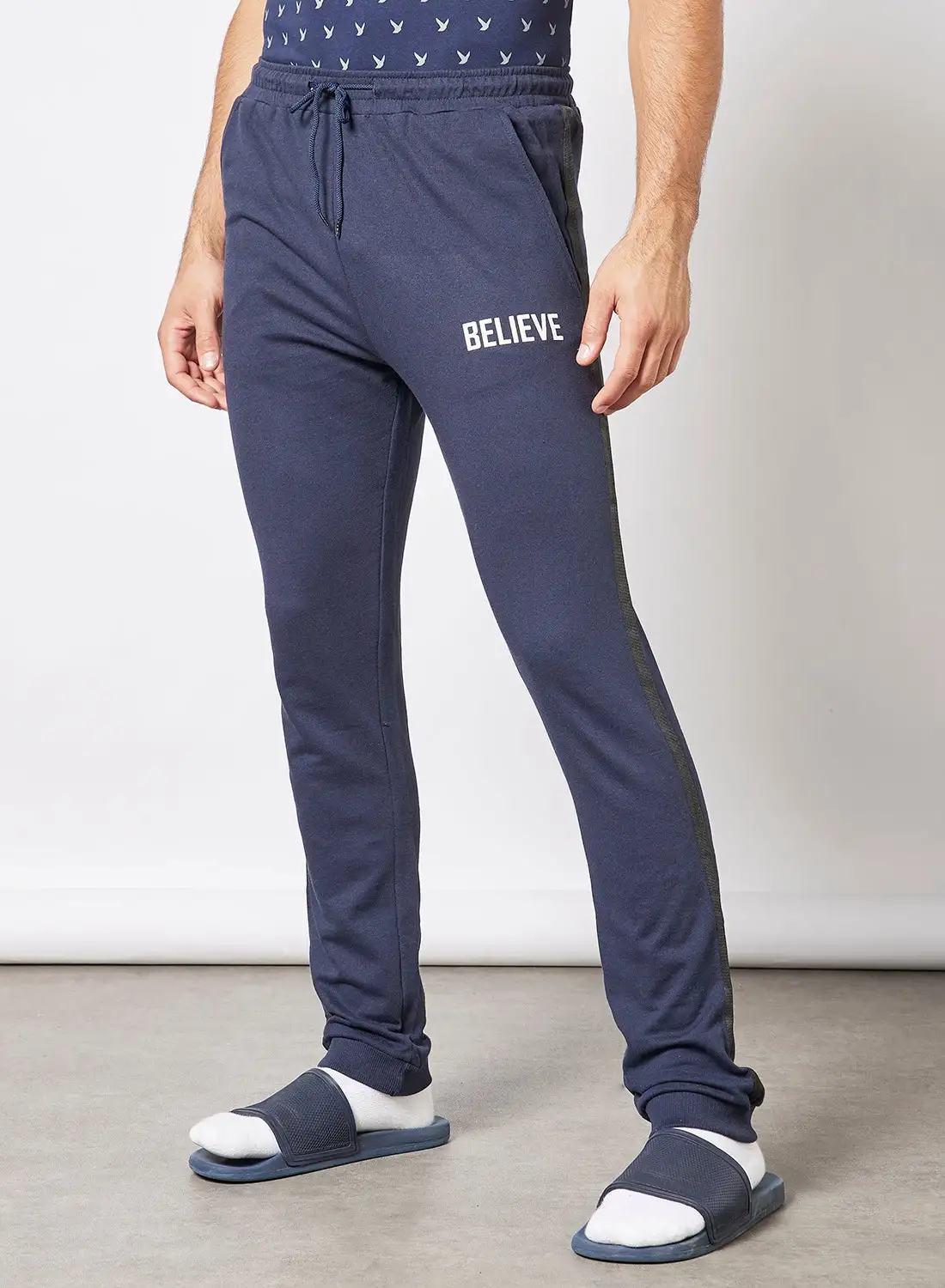 QUWA Mid-Rise Casual Joggers Blue