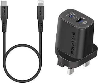 Promate iPhone 15 Dual Port AC Charger with USB-C to Lightning Cable, 25W Power Delivery Port, 18W QC 3.0 Port, 480 Mbps Data Sync, 1.2m Silicone Cable and Voltage Regulation, ChargeKit-25PDi