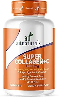 Aitnaturals Super Collagen with Vitamin C - 6000MG - 252 Tablets | Ait Naturals Grass Fed Collagen Peptide Types 1 & 3 for Hair, Skin, Nails & Joints.