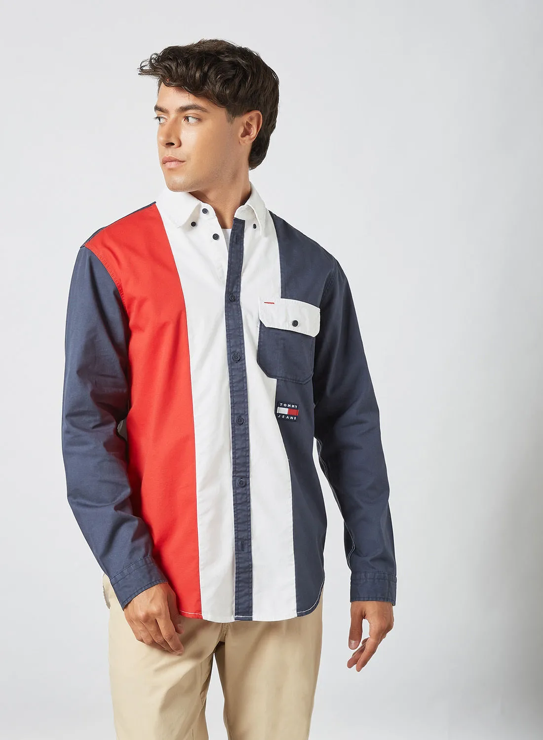 TOMMY JEANS Logo Badge Washed Colourblock Shirt Navy