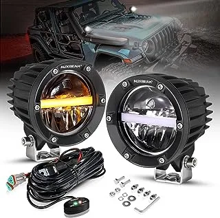 Auxbeam 4 Inch 110W Round Offroad Lights, Amber DRL Design 11000LM LED Light Pods, Super Bright 7035 SMD LED Work Driving Fog Light with DT Wiring Harness Kit for Truck Jeep Pickup SUV ATV UTV, 2 PCS