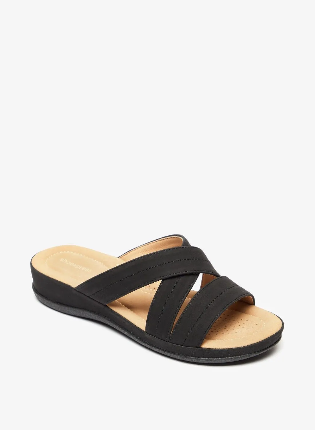 shoexpress Solid Slip On Cross Strap Slide Sandals Black