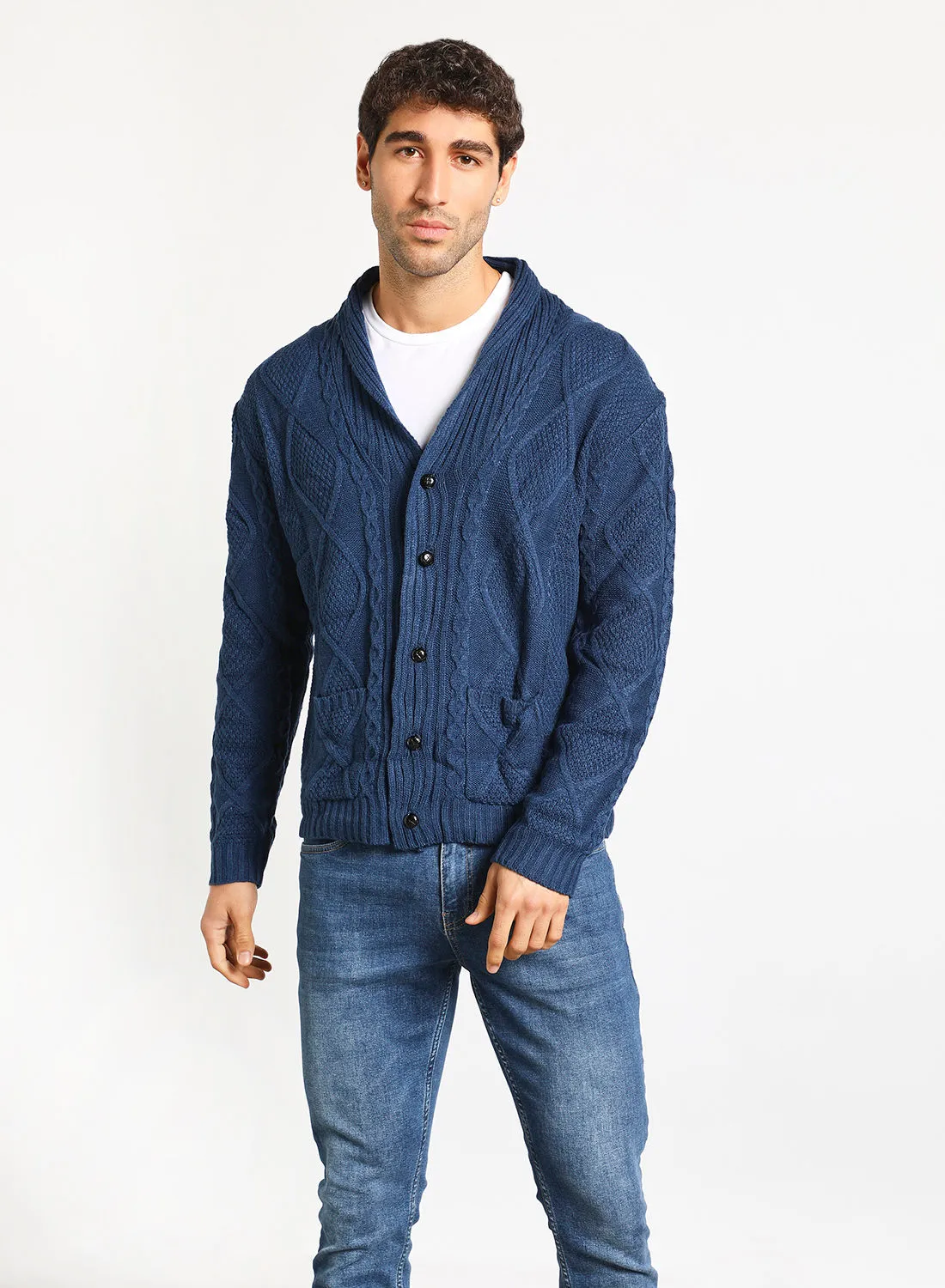 Noon East Men's Knitted Button Detailed Front Open Full Sleeves Collar Cardigans For Winters , Cable Design With 2 Front Pockets Navy Blue