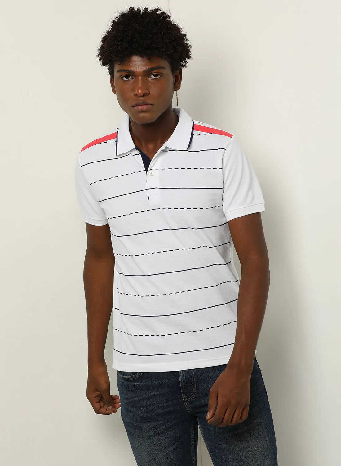 ABOF Stripes Slim Fit Collared Neck Polo White/Grey