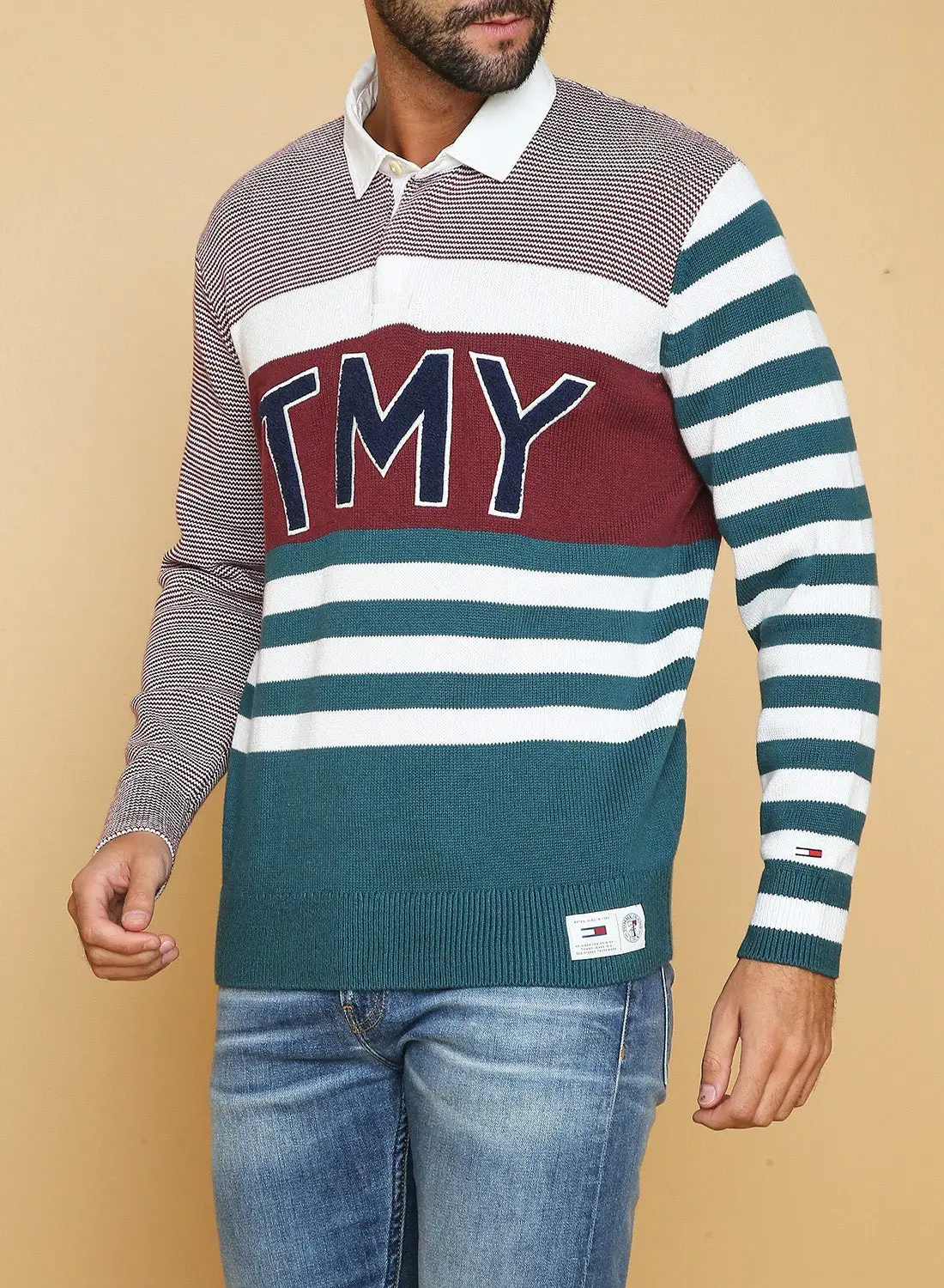 TOMMY JEANS Multi Stripe Rugby Sweater Burgundy / Multi