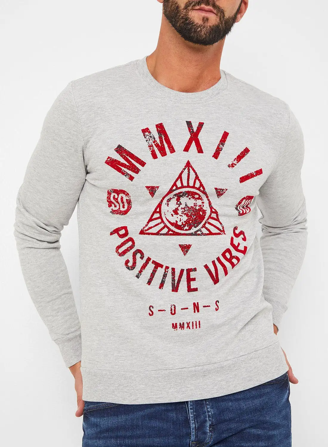 ONLY & SONS Flocked Print Sweatshirt Grey Melange