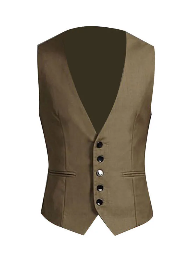 Generic Business Men Solid Colour V Neck Button Pocket Sleeveless Slim Fit Vest Waistcoat Coffee