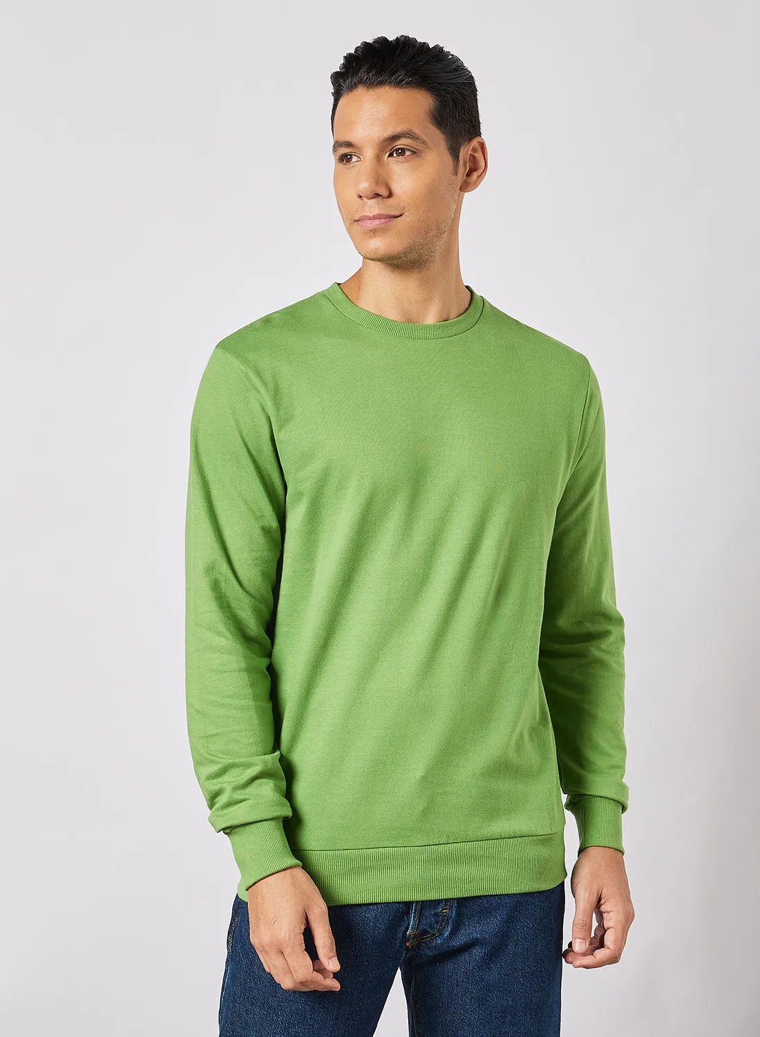 Noon East Crew Neck Men's Cotton Sweatshirt with Rib Details Forest Green