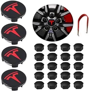 طقم أغطية مركز عجلة السيارة متوافق مع Tesla Model 3 YSX Wheel Cap Kit Center Cap Lug Nut Cover Aero Wheel Center Hub Caps Kit (4 Hub Center Cap + 20 Lug Nut Cover) أسود وأحمر ملحقات تسلا