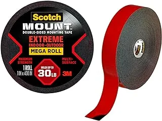 Scotch Mount Extreme Tape Mega Roll 1 in x 400 in. (25.4mm x 10.16m), 1 roll/pack | 1.5 m Holds up 13.6 kg | Black color | Higher Adhesion | Multi-Surface | No Tools | Double Sided Adhesive Tape