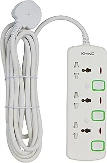 Khind 3 Way Fire Proof Extension Socket with Universal BS Type Plug and Neon Light, 5 Meter Cable Length